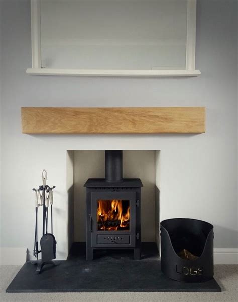 Esse 1se Wood Burning Stove Black Brazilian Slate Hearth Floating Oak Beam Heatproof Fire