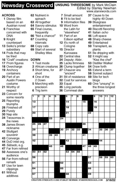 Newsday Crossword Puzzle For Mar By Stanley Newman Creators