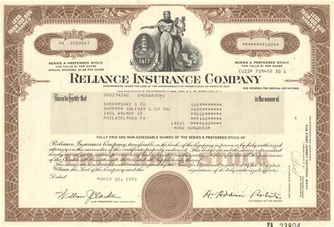 Reliance Insurance Company Stock Certificate 1978