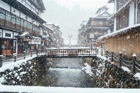 Beautiful Ginzan Onsen With Snow Fall In Winter Season Is Most Famous Japanese Hot Spring In