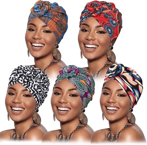 Dreshow Pack Women Turban African Pattern Knot Headwrap Beanie Pre