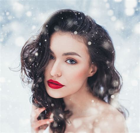 Model Portrait Looking At Viewer Snow Brown Eyes Red Lipstick