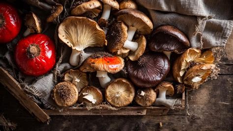 Premium Photo Fresh Mushrooms In A Wooden Box On An Old Background