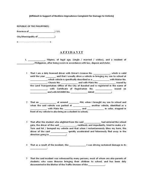 Affidavit In Support Of Reckless Imprudence Complaint For Damage To