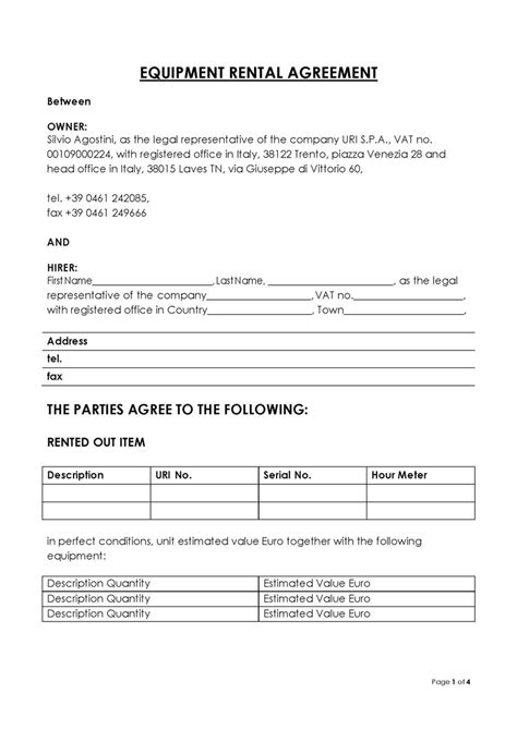 Free Equipment Rental Agreement Forms Editable Template