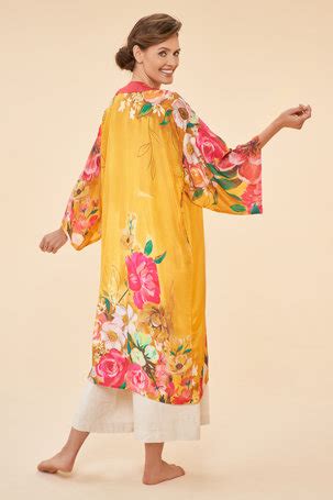 Impressionist Floral Kimono Gown In Mustard Kimono Gowns Powder Design