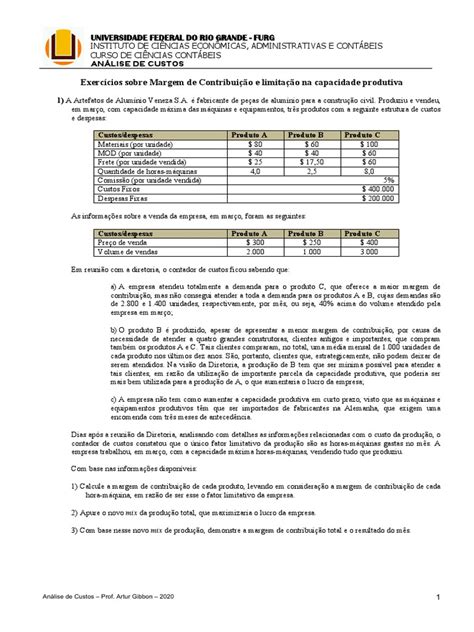 Considerando A Visao De Que A Analise Da Margem - Análise da Margem de Contribuição em Custos | PDF | Contabilidade | Despesa