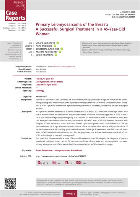 Pdf A Year Old Woman With A Primary Leiomyosarcoma Of The Breast