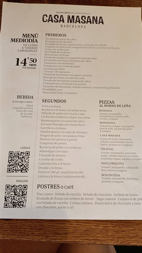 Menu At Restaurant Casa Masana Braseria Barcelona