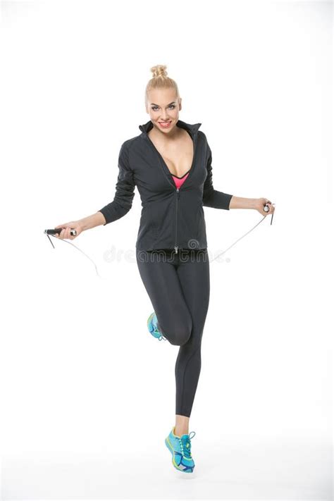 Blonde Jumps With Skipping Rope Stock Image Image Of Workout Exercise 71665185