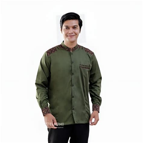 Jual Baju Koko Pria Lengan Panjang Warna Olive Motif Adidis Kombinasi