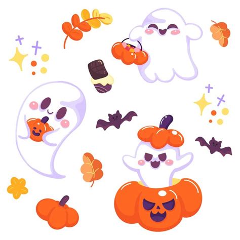 Conjunto De Halloween De Lindos Fantasmas Y Calabazas Con Elementos