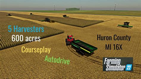 Fs22 Huron County Mi 16x Harvesting 600ac Of Sunflowers 5 Harvesters Running On Courseplay