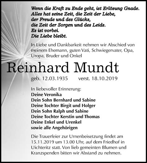 Traueranzeigen Von Reinhard Mundt Abschied Nehmen De