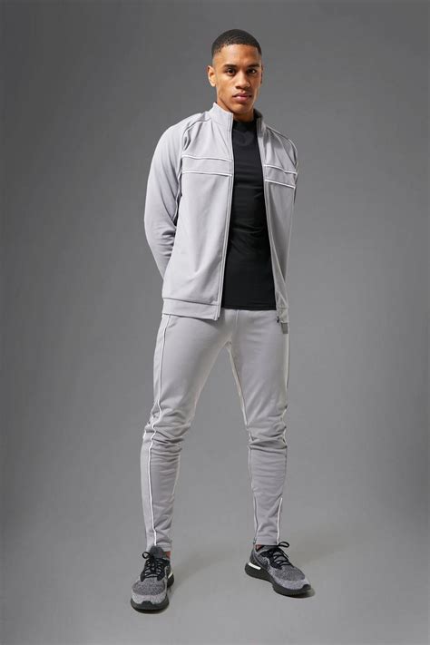 Man Active Piping Funnel Neck Tracksuit Boohoo Uk