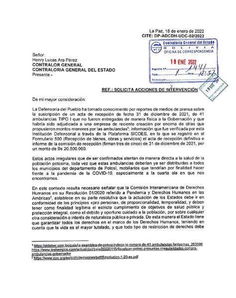 Defensoría Del Pueblo Pide La Intervención De La Contraloría Frente A