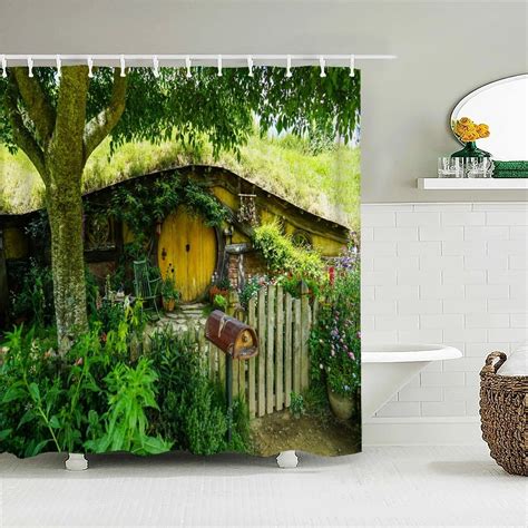 Beautiful Natural Forest Small House Landscape Shower Curtain 3d Print Waterproof Fabric