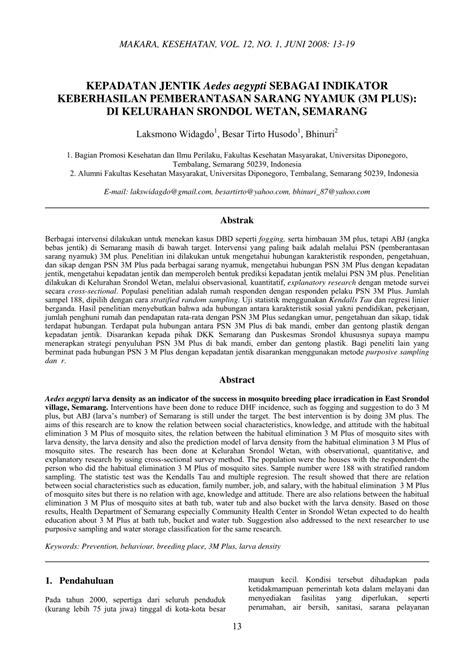 PDF Aedes Aegypti Larva Density As An Indicator Of The Success In