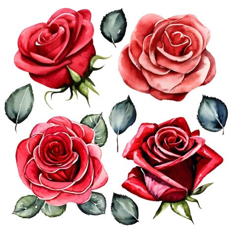 Ensemble De Roses Aquarelles Rouges Isolé Sur Fond Blanc Vecteur