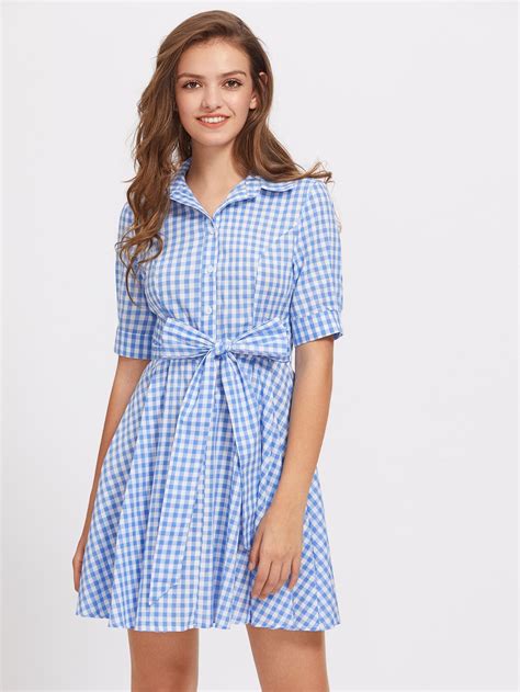 Tie Waist Gingham Shirt Dress Shein Sheinside