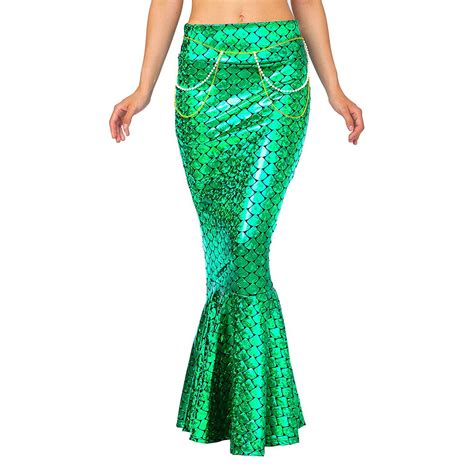 Women Long Mermaid Skirt Metallic Hologram Scale Print Slim Fit Skirt With Pearl Chain For