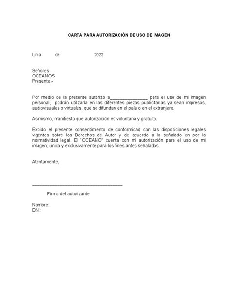 Carta Para AutorizaciÓn De Uso De Imagen Y Derechos De Autoria Pdf