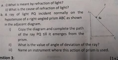 A Ray Of Light Pq Incident Normally On The Hypotenuse Of A Right Angled