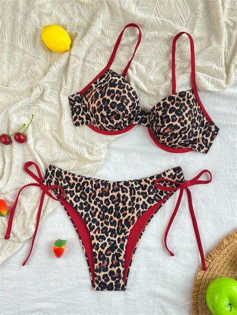 SHEIN 2 peças Conjunto Novo Maiô Bikini Cortado Alto Estampa de Leopardo Roupa de Banho de