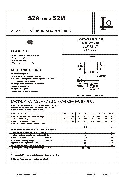 S2K SMA Datasheet Bridge Rectifier IF A 2 VRRM V 800 VF MV