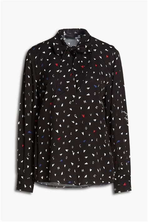 LOVE MOSCHINO Pussy Bow Printed Twill Blouse THE OUTNET