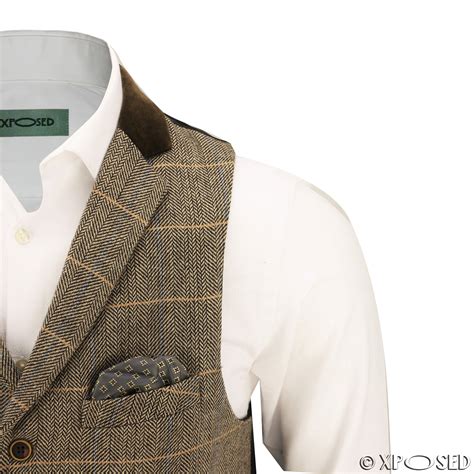 Mens Vintage Tweed Check Herringbone Oak Brown Grey Tailored Fit Retro