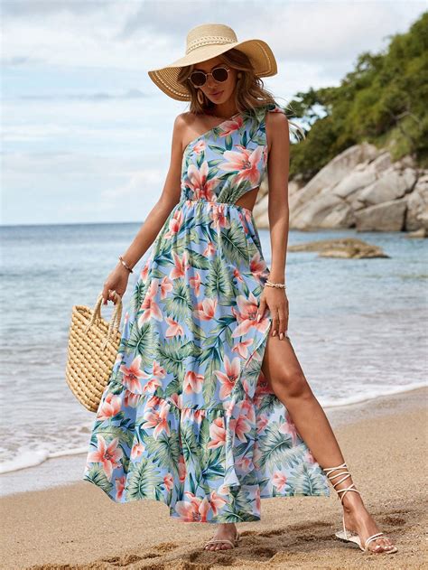 Shein Vcay Summer Vacation Beach Tropical Print One Shoulder Maxi Women