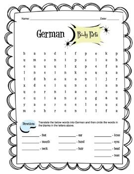 German Body Parts Worksheet Packet by Sunny Side Up Resources | TpT