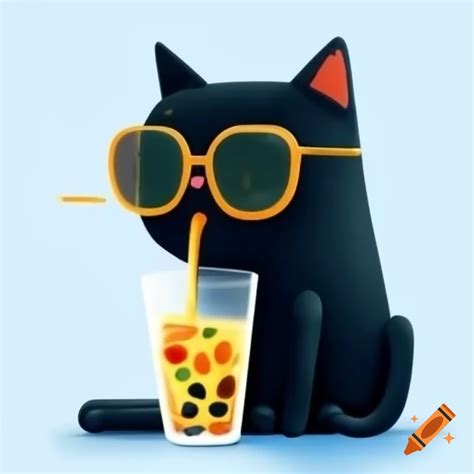 Cartoon Art Of Black Cat Wearing Sunglasses And Drinking On Craiyon