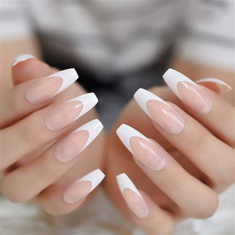 French Nude Pink Ballerina White Long Coffin Fake And False Nails Press