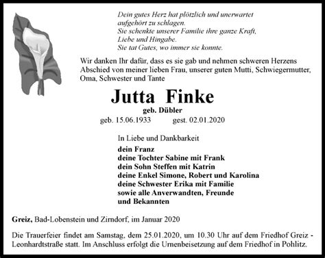 Traueranzeigen Von Jutta Finke Trauer In Thueringen De