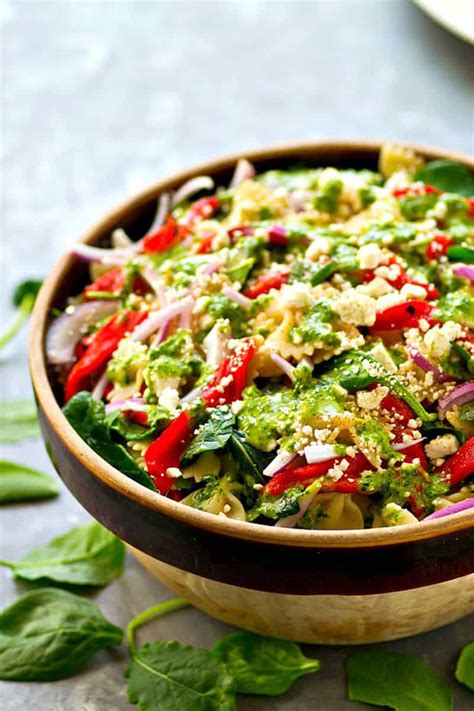 Roasted Red Pepper Feta Pasta Salad With Basil Vinaigrette