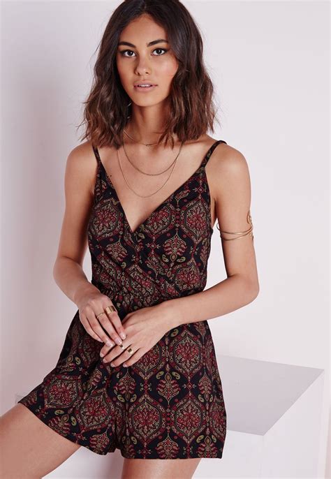 Missguided Jersey Paisley Strappy Playsuit Black Black Playsuit