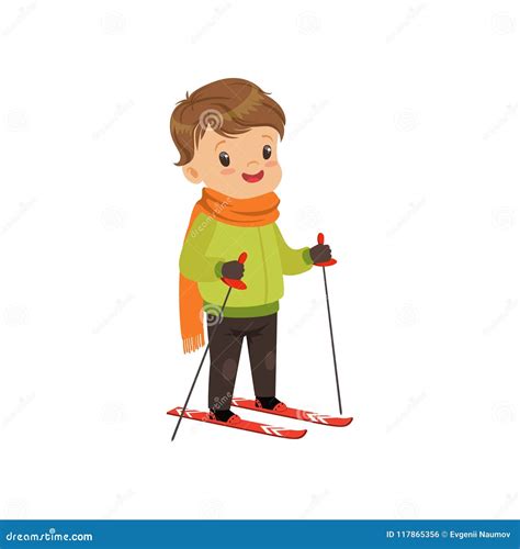 Cute Boy Skiing Winter Sport And Outdoor Activity Concept Vector