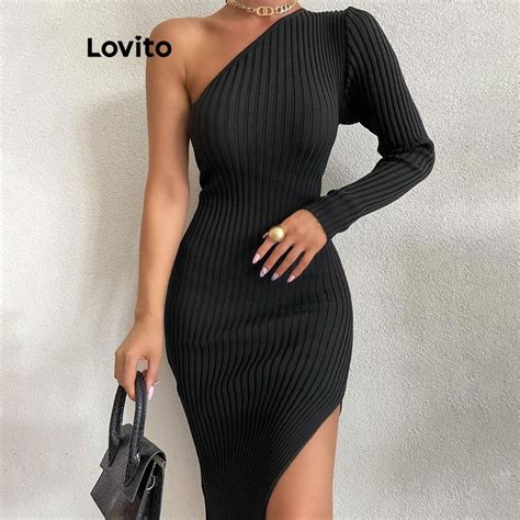 Lovito Vestido Elegante Liso Assim Trico Frente Dividida Para