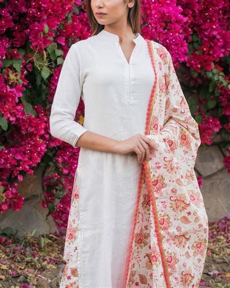 White Cotton Kurta Set With Printed Dupatta Set Of Three By Keva