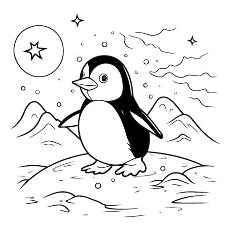 Pinguim bonito em uma rocha ilustração vetorial em preto e branco