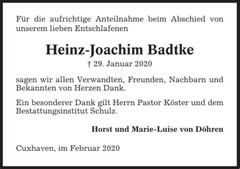 Heinz Joachim Badtke Danksagung Cuxhavener Nachrichten