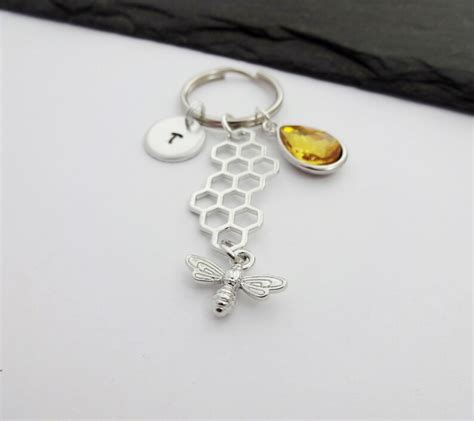 Honeycomb Keychain Bee Keyring Initial Keyring Bee Gift Etsy Uk