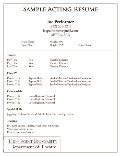 Column Acting Resume Template Baden W Rttemberg Schulferien