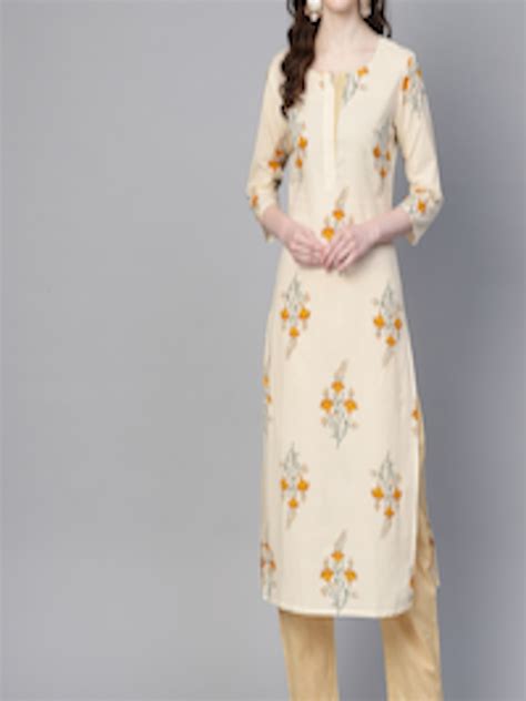 Buy Yufta Women Off White And Mustard Yellow Printed Kurta With Trousers Kurta Sets For Women