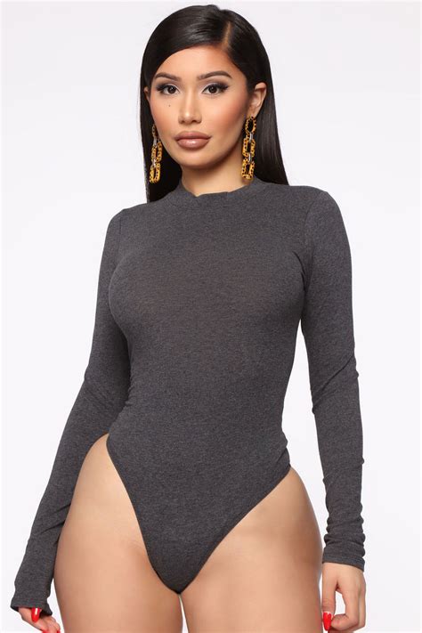 Melanie Mock Neck Bodysuit Dark Grey Fashion Nova Basic Tops