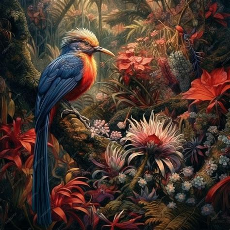 Premium AI Image | A painting of a bird in a forest with flowers and ...