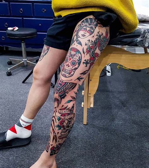 American Traditional Tattoo Leg Sleeve