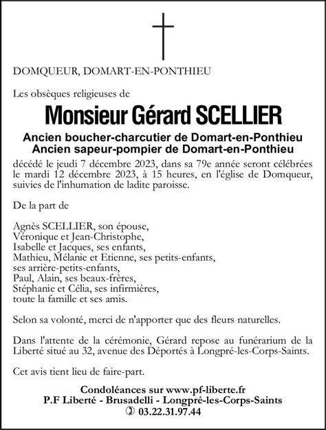 Avis De Décès De Gérard Scellier Pompes Funèbres Liberté Brusadelli